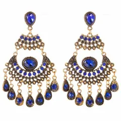 [80mm〜] エキゾチック ジプシー シャンデリア ピアス（金古美色×ブルー）ゴージャス トルコ エスニック ベリーダンス 映画 劇団 クラブ パーティ AN-022-BL