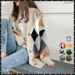 配色ニットカーディガン 韓国風レディースアーガイル柄 ニットアウター vネック 中厚手 長袖ニットソー 体型カバー羽織 お洒落カーデ カジュアル 女子ニットチェック アウター 秋冬上着ジャンパー 大人ニットトップス