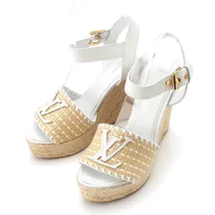 ルイヴィトン スターボードライン ラフィア×レザー LVロゴ ウェッジソール ヒール サンダル ホワイト ベージュ 36 1/2【中古】