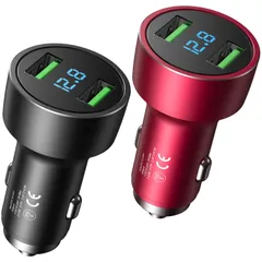 レッド+ブラック 2個セット 車載充電器 カーチャージャー 2個セット PSE認証 4.8A 2USBポート 電圧計 12V/24V車対応 スマホ急速充電 iPhone iPad Samsung Galaxyなと対応