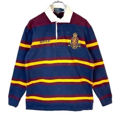 90s00sポロバイラルフローレンPolo by Ralph Lauren長袖ラガーシャツ長袖ポロシャツエンブレム刺繍ワッペン両面デザインナンバリングアメカジスポーツ太ボーダー紺ネイビー黄色イエロー臙脂バーガンディvintageヴィンテージ50714
