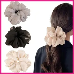 黒色+米白色+灰色 サムコス シュシュ 大きめ ヘアゴム 3色セット おしゃれな髪飾り 高弾力 絹布生地 ツルツルな触り心地 結びやすい 大人 レディース (黒+白+灰)