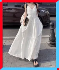 新品 レディース キャミワンピース Vネック ロングワンピース Aライン 華奢見え 夏らしい 白ワンピ ナチュラル系 ワンピース 【送料無料】