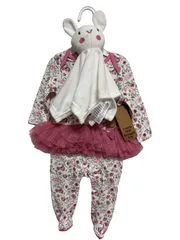 花柄フリル付きロンパース　うさぎのタオルケット付き