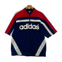 adidas アディダス デサント製 サイドライン ハーフジップカットソー sizeM-L/レッド×ネイビー