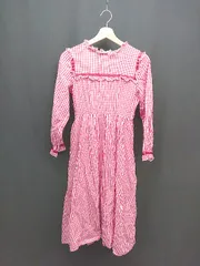 ◇ LEBECCA フリル チェック柄　バックジップ 長袖 ロング丈 ワンピース サイズS レッド/ホワイト レディース E  【1308160023631】