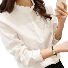 ALVEIN フリルブラウス フリルネック 首元 襟元 シャツ レディース 長袖 フェミニン エレガント 清楚 シンプル 無地 通勤 通学 オフィス OL( ホワイト,  L)