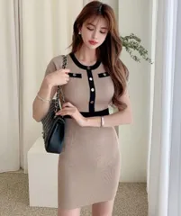 バイカラー タイトミニワンピース 半袖 ボタン パイピング 韓国系ファッション gfyy