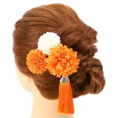髪飾り 成人式 振袖 前撮り 袴 花 浴衣 夏祭り 花火大会 豪華3点セット オレンジ 白 房付き ヘアアクセ かんざし ヘッドドレス No.9-3661