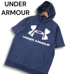 UNDER ARMOUR アンダーアーマー 秋冬 裏起毛★ ビッグ ロゴ 半袖 パーカー プルオーバー スポーツウェア Sz.L メンズ 紺