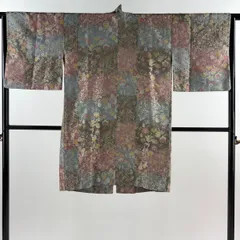 【美品】 道中着 身丈103cm 裄丈64cm M 和装コート 花鳥 籠目 青灰色 正絹 名品 【中古】