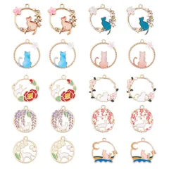 【新着商品】SUNNYCLUE　猫の花　10種20個　チャーム　フラワー　パーツ　ねこ　バラ　イヤリング　猫　ネックレス　花　ネコ　ピアス　花びら　合金ペンダント　薔薇　ローズ　花型　藤　エナメルペンダント　すずらん　透かし　キーホルダー　チョーカー　ブレスレ