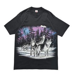 【L】美品 90s USA製 古着 ウルフ オオカミ Tシャツ 両面プリント アート シングルステッチ ブラック ヴィンテージ