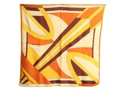 【お得なクーポン配布中!】 アート 総柄 プリント 大判 スカーフ 正方形 / レディース ストール 大きいサイズ ブラウン イエロー マルチカラー レトロ アクセサリー