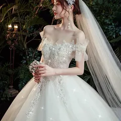 ウェディングドレス 袖あり ホワイトドレス オフショルダー ウェディング ブライダルドレス ロング Aライン 結婚式ドレス 白 披露宴 二次会のサムネイル