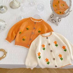 【即納】新品オレンジレトロ花柄刺繍キッズニットカーディガン韓国子供服女の子