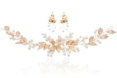 DADGAD ヘッドドレス ピアス セット ナチュラル リーフ パール エレガント ビンテージ ウェディング ブライダル 髪飾り ヘアーアクセサリー ヘッドアクセ ゴールド 成人式 洋装 和装 