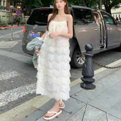 フリンジワンピース ロング丈 フェザー キャミソール キャミワンピース