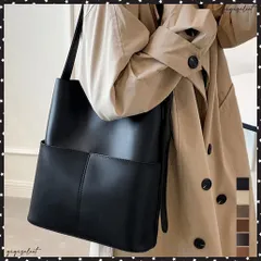  ショルダーバッグ 2wayバッグ 大容量 外ポケット付きPUレザー斜め掛けカバン オフィスカジュアル ワイドベルト合皮鞄肩掛けバッグ 高見え自立バケツバッグレトロ 通勤バッグ春秋夏冬 大人女性bag無地 アウトポケット鞄黒