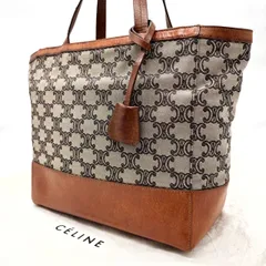 【良品】 CELINE セリーヌ ハンドバッグ トートバッグ マカダム柄 トリオンフ キャンバス レザー 革 ベージュ 肌色 ブラウン 茶色 ユニセックス 男女兼用 メンズ レディース