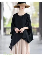 チュニック レディース 大きいサイズ Tシャツ Uネック 長袖 プルオーバー リネン風 夏 ブラウス Tシャツ 体型カバー シャツ 綿麻 トップス 部屋着 不規則  vii3v313075