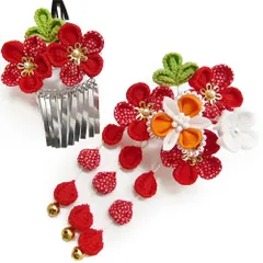 七五三 髪飾り 三歳 七歳 日本髪 つまみ細工 赤 花 2個セット パッチン留め かんざし ちりめん ビラ お正月 髪型 ヘアスタイル No.9-4099