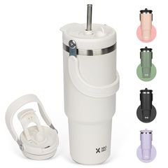 【新品】 SKIASE タンブラー ストロー付き 600ml 水筒 ウォーターボトル 真空断熱 保温 保冷 ステンレスボトル 広口 直飲み 蓋付き アウトドア 取っ手付き 持ち運び こぼれない ホワイト 0