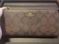 【美品】COACH  財布 ラウンドファスナー　ブラウン　シグネチャー 15cm