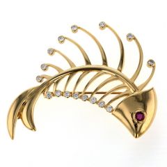 K18YG イエローゴールド ペンダントトップ ブローチ ルビー 0.37ct ダイヤ 0.58ct フィッシュボーン 魚 アニマル【新品仕上済】【zz】【中古】