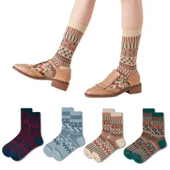 靴下 レディース クルーソックス 秋冬ソックス 柄物 中厚4足 セット 蒸れない靴下 ソックス 暖かい 厳選上質綿 ソックス 保温 防寒対策 22~25cm