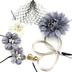 髪飾り 成人式 水引 振袖 袴 花 7点セット ブルーグレー 青 灰色 白 黒 ゴールド 花 レース ニュアンスカラー かわいい おしゃ No.12-0368