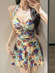 50%OFF2,280円→1190円！大人っぽいフラワー水着♪ リゾート ビーチ水着 かわいい 水着 レディース ビキニ水着 花柄 ワイヤー入り ママ水着 体型カバー 大きいサイズ 水着 ワンピース 水着小さいサイズ タンクトップ 盛れる 谷間 ブルー ホユキ