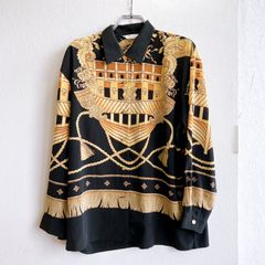 ベルクイーン Bell Queen エンブレム シャツ テロテロシャツ ブラウス 柄シャツ フルールドリス 総柄 派手柄 昭和レトロ 90s オールド 日本製 大きめ ゆったり