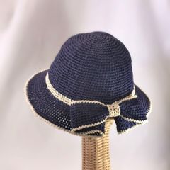 サマーハット：春夏用・バックリボン《ネイビー×オフホワイト》 ハンドメイド