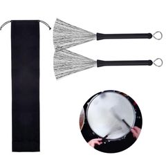 [Fast Shipping] Drumstick Brushes (Black, Steel Wire, Rubber, Set of 2, Loop End) with Cloth Bag. Drum Wire Brushes. Drum Accessories for Music, Percussion, Compact, Universal Music, Audiophiles, Professionals, and Beginners.