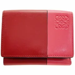 ロエベ 財布 トライフォールド ウォレット カーフ レザー 革 レッド系 赤 コーラルピンク系 109 10 320 LOEWE アナグラム バイカラー 三つ折り財布 Wホック財布 両開き財布 コンパクト財布 ミニ財布 ミニウォレット サイフ 箱付き【中古】