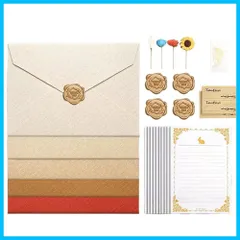 【人気商品】お祝い手紙 結婚式 挨拶状 招待状 箔押し おしゃれ お礼状用 シンプル アンティーク調 クラフト用紙 手紙 (封筒5色5枚+便箋8枚+ファイヤーペイントメダル5枚) 便箋 封筒 レターセット