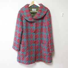 美品 Jocomomola ホコモモラ シビラ 千鳥格子柄 ビッグカラー ミドル丈 ツイードコート 40 ブルー×ピンク レディース 古着 中古 USED