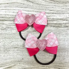 ピンクチェック　リボン　ヘアゴム　２個セット