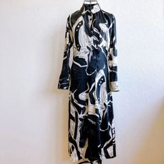 ザラ ZARA シャツ ワンピース 総柄 マーブル柄 レリアン 昭和レトロ 90s オールド Vintage ヴィンテージ マキシ丈 派手 モノトーン Aライン フレア 小さめ
