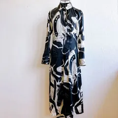 ザラ ZARA シャツ ワンピース 総柄 マーブル柄 レリアン 昭和レトロ 90s オールド Vintage ヴィンテージ マキシ丈 派手 モノトーン Aライン フレア 小さめ