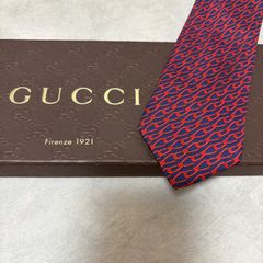 美品 GUCCI グッチ シルク 100％ ネイビー 紺/レッド チェーン柄 254-712