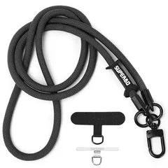 [SUPERBO] ストラップホルダー 7mm スマホショルダー ステンレス製 アタッチメント 全機種対応 落下防止 挟むだけ (black × ステンレスシルバー)