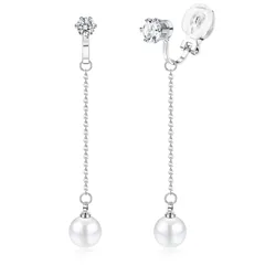 【数量限定】JeryWe 14Kゴールドは、女性の女の子のための真珠のイヤリングクリップをメッキ ロングダングルパールドロップピアス 非ピアス真珠イヤークリップジュエリー