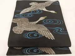 平和屋着物●アンティーク　大正ロマン　両面六通柄京袋帯　雁　雀　黒地　金銀糸　正絹　逸品　AAAU4243np