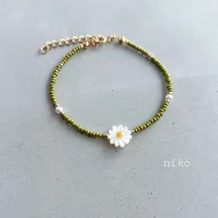 ◆ 175 デイジー グリーン  ビーズ パール ブレスレット ゴールド アクセサリー ◆　再販 定番 人気 大人 上品 華奢 きれいめ シンプル パール アンクレット
