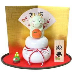 【在庫セール】高さ約12cm 置物 龍 鏡餅飾り 辰 柚子舎 干支 2024 E-23 彩堂窯(Saidougama)