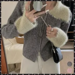 ダブルジップニットカーディガンショート丈 ファーカラー付き リブニットトップス 秋冬配色ニット レディースバイカラー長袖カーディガン 前開き2wayニットセーター レトロ風ニット秋服 あったかニット無地 着やせニット韓国風