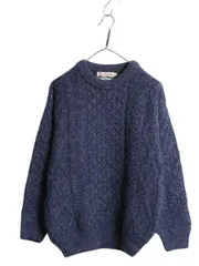 【お得なクーポン配布中!】 アイルランド製 フィッシャーマン ウール ニット セーター メンズ レディース S / アラン ケーブル ローゲージ クルーネック 無地 ブルー