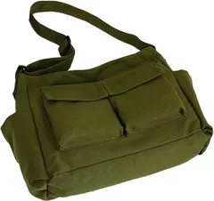 AMIS store 多目的 ショルダー バッグ 大容量 無地 キャンバス生地 通学 旅行 カジュアル 肩掛け 斜めがけ ポケット 大学生(カーキグリーン,  19L)